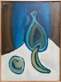 Jacques Mauhin, Abstract still life with bottle vase and fruit, Oil on canvas