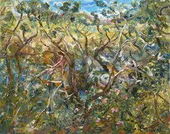 White Cockies Flying Through the Gully with Wild Roses by Celia Perceval, oil on linen, sold Jun 2021