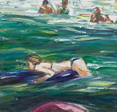 Nicholas Harding, In The Swell (Lilo Girl, Swim Ring and Figures), 2011, oil on linen