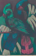 Florence Higgs, Parrots, 1956, linocut