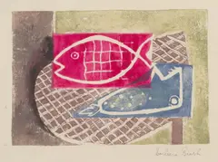 (Still Life with Fish) by Barbara Brash, c.1953-1955, linocut, sold Mar 2021