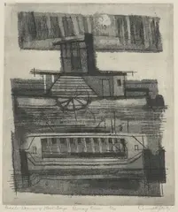 Kenneth Jack, Paddle Steamer and Wool Barge, Murray River c.1960's, etching 5/22