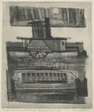 Kenneth Jack, Paddle Steamer and Wool Barge, Murray River c.1960's, etching 5/22