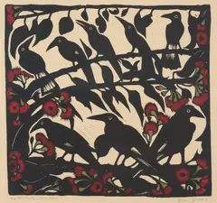 Bruce Goold, Currawongs, 1986, linocut 24/50