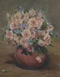 Violet McInnes, Still Life (Roses and Forget-Me-Nots), oil on canvas laid on board