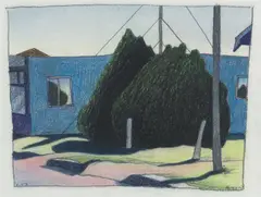 Reg Mombassa, Shrubs and Shops, Rockhampton, 1998, colour pencil and charcoal on paper