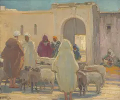 Hilda Rix Nicholas, The Arab Sheep Market, Tangier, 1914, oil on canvas on board