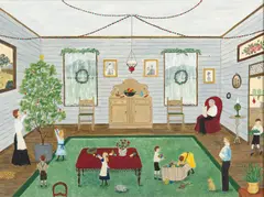 Decorating for Christmas by Roma Higgins, oil on masonite, sold Oct 2020