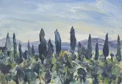 Lucy-Ellen Boyd, Cypresses, Paretaio, 2016, oil on canvas laid on card