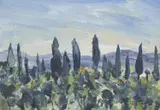 Lucy-Ellen Boyd, Cypresses, Paretaio, 2016, oil on canvas laid on card
