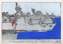 Samraing Chea, There were warships manoeuvring along the ocean by the Chinese Navy, 2019, colour and greylead pencil on paper