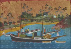 Donald Friend, Boats on the River, c.1960, oil and gold leaf on masonite