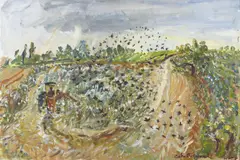 Celia Perceval, Cutting the Thistles with Starlings, 2015, acrylic on paper laid on board
