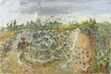 Celia Perceval, Cutting the Thistles with Starlings, 2015, acrylic on paper laid on board