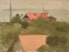 Clarice Beckett, Two Red Roofs c1932, c1932, oil on canvas on board