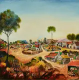 Pro Hart, Mining Town 1969-79, 1969-79, oil on canvas on board