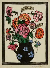 Flowers in Jug c1929 by Margaret Preston, c1929, hand-coloured woodcut, sold Nov 2025