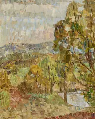 Grace Cossington Smith, Landscape with Pond, Sussex c1950, c1950, oil on board