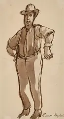 Gentleman Wearing Braces c1970 by Russell Drysdale, c1970, sepia ink and wash on paper, sold Nov 2025