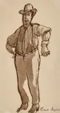 Russell Drysdale, Gentleman Wearing Braces c1970, c1970, sepia ink and wash on paper