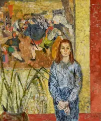 Girl with Bruegel 2 1995 by Judy Cassab, 1995, synthetic polymer paint and oil on canvas, sold Nov 2025