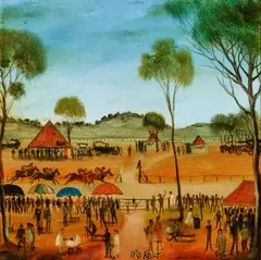The Race Meeting 1974 by Pro Hart, 1974, oil on canvas, sold Nov 2025