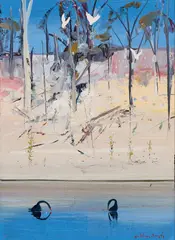 Shoalhaven with Swans and Cockatoos by Arthur Boyd, oil on board, sold Aug 2025