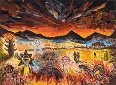 Peter Booth, (Burning Landscape with Man and Snake) c1977, c1977, gouache on paper