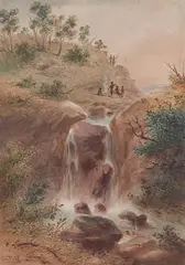 S. T. Gill, Aboriginal Camp above a Waterfall, watercolour and bodycolour on paper