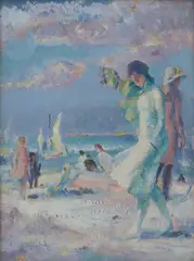 Alfred Wolmark, Windy Day, Girls on Beach, oil on canvas-board