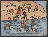 Margaret Preston, Beach Scene, Balmoral 1929, 1929, hand-coloured woodcut
