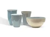 Gwyn Hanssen-Pigott, Beaker and Bowl (Blue and Cream) and Two Cups (Blue) c1998, c1998, woodfired porcelain (4)