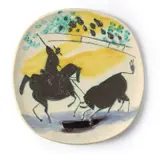 Pablo Picasso, Picador et Taureau 1953, 1953, white earthenware ceramic plate, partially engraved, with yellow, green, blue and black oxides; ceramic, Madoura edition