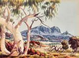 Ghost Gum and Mount Sonder, MacDonnell Ranges c1956 by Albert Namatjira, c1956, Ghost Gum and Mount Sonder, MacDonnell Ranges, sold Apr 2025