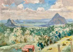 Glass House Mountains c1941 by Ethel Carrick, c1941, oil on canvas on board, sold Apr 2025