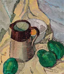 Jug and Three Pears c1928 by Grace Cossington Smith, c1928, oil on board, sold Apr 2025
