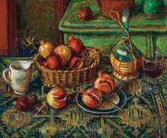 Margaret Olley, Chianti Bottle and Pomegranates II 1994-95, 1994-95, oil on board