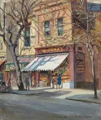 Dora Wilson, Jonas' Fruit Shop (Collins Street, Melbourne) 1935, 1935, oil on canvas on board