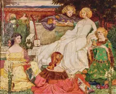 Portia Geach, Queen Rose in her Rosebud Garden of Girls, oil on canvas on board
