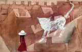 Charles Blackman, Schoolgirl and White Cat 1975, 1975, oil on paper on board