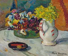Bessie Davidson, Still Life with Pansies, oil on board