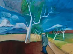 Man Walking (Shoalhaven) 1998 by Robert Dickerson, 1998, synthetic polymer paint on canvas, sold Nov 2024