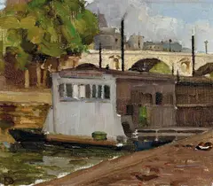 Bessie Davidson, The Laundry Boat on the River Seine, Paris, oil on canvas-board