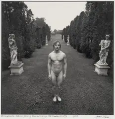 Arthur Tress, Hermaphrodite between Statues of Venus and Mercury, East Hampton, N.Y. 1973, 1973, gelatin silver print