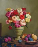 Nora Heysen, Zinnias and Fruit 1932, 1932, oil on canvas