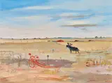 Arthur Boyd, Wimmera Landscape with Jinker and Ram c1985, c1985, oil on board