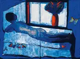 Charles Blackman, Blue Nude 1989, 1989, oil on canvas (diptych)