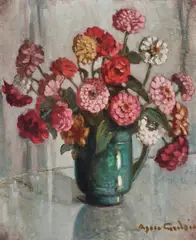 Agnes Goodsir, Zinnias in Green Bowl c1925, c1925, oil on canvas