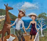 Garry Shead, Three Friends, Thirroul, oil on board