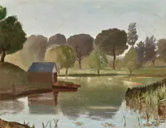 Boats on the River 1925 by Lloyd Rees, 1925, oil on canvas on board, offered Mar 2024